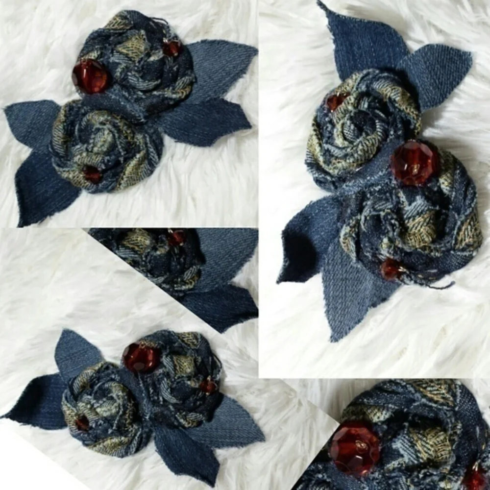 Cherry-Dub Denim Roses In Bloom Brooch Pin